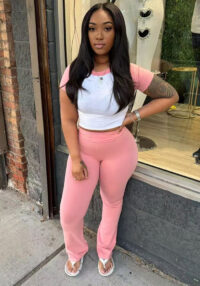 Women Summer Contrast Color Short-Sleeved T-Shirt and Pants Casual Two-Piece Set