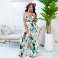 Women Summer Fashion Tie-Dye Straps Crop Top And Wide Leg Pant Two-Piece Set