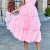 Women Summer Patchwork Mesh Puffy Cascading Ruffles Dress