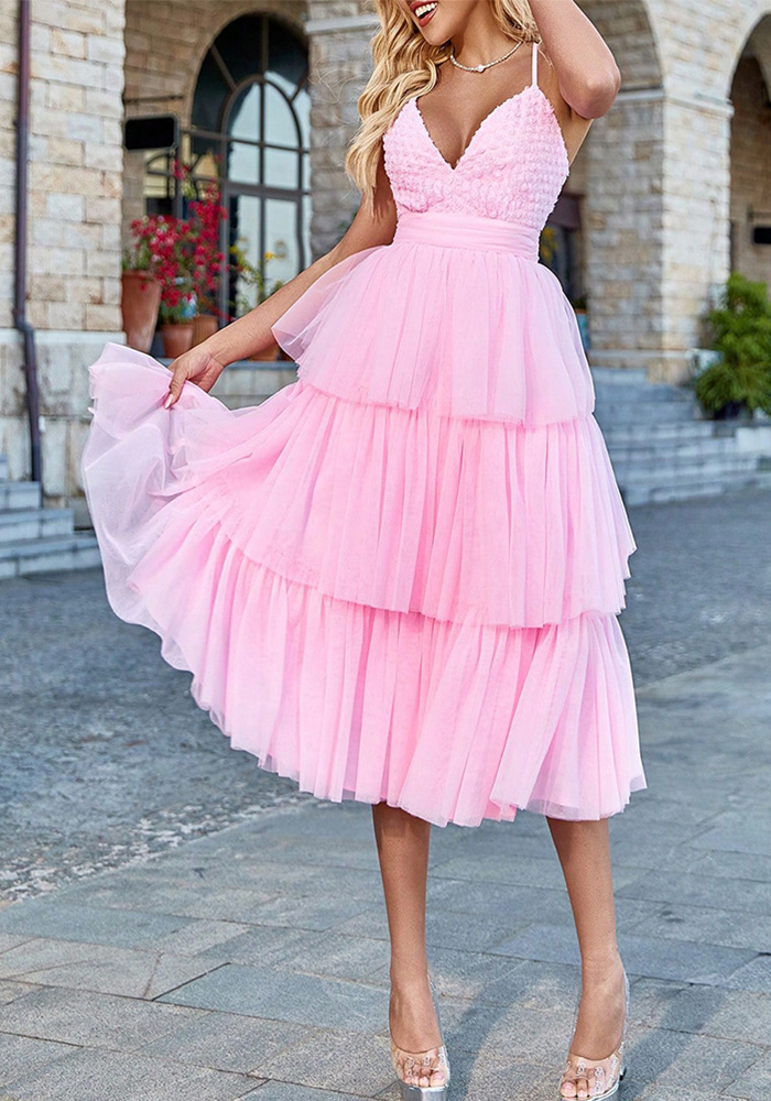 Women Summer Patchwork Mesh Puffy Cascading Ruffles Dress