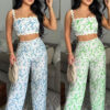 Women summer print sexy suspender wrap chest lace contrast color Top and Bell Bottom Pants Two Piece Set