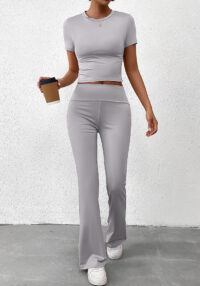 Women Summer Solid Casual Crop Top and Pant Two-piece Set