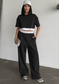 Women Summer Solid Round Neck Short Sleeve Top and Casual Wide Leg Pants Two-Piece Set