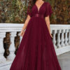 Women summer v-neck chiffon pleated evening dress