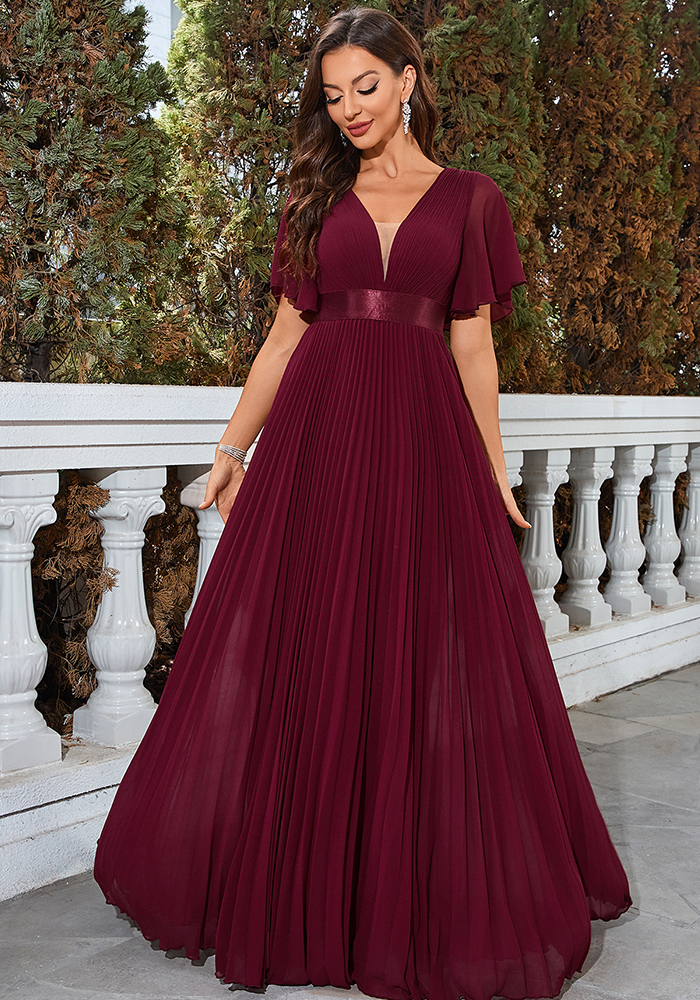 Women summer v-neck chiffon pleated evening dress
