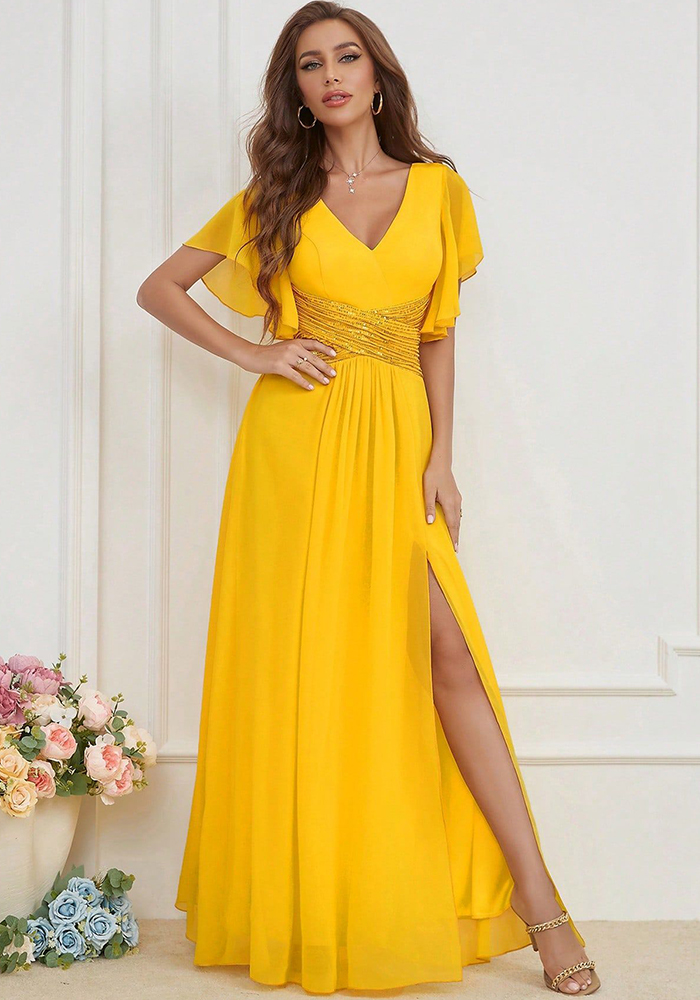 Women V-neck sequined patchwork chiffon evening dress