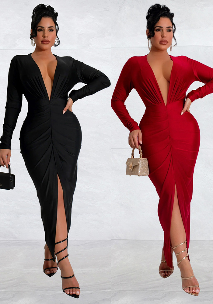 Women V-Neck Slit Solid Dress(customized,MOQ 6pcs/size/color,process time 7-10 days)