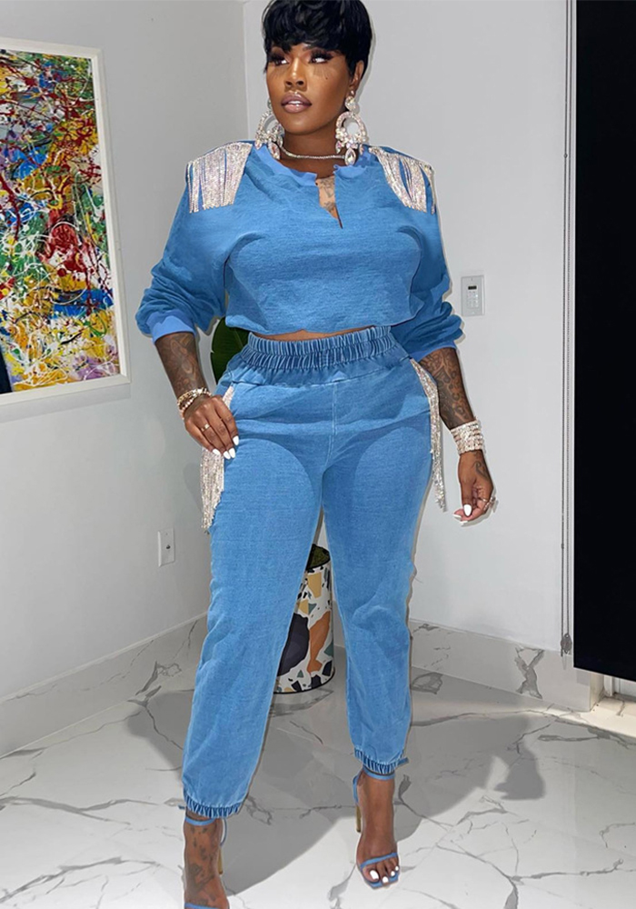 Women V-Neck Tassel Top and Pant Two-Piece Set