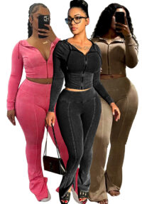 Women Washed Hooded Top and Bell Bottom PantTwo Piece Set