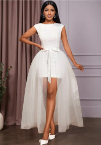 Women White Lacemesh Lace-Up Sleeveless Sexy Backless Party Dress