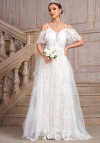 Women white off-shoulder suspender irregular mesh patchwork wedding party bride wedding dress