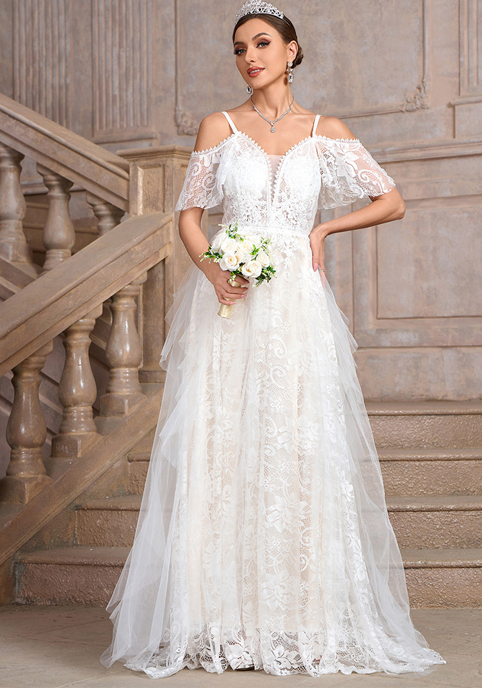 Women white off-shoulder suspender irregular mesh patchwork wedding party bride wedding dress