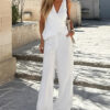 Women White V-Neck Lace-Up Vest and Pants Two Piece Set
