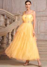 Women yellow suspender Strapless diamond irregular mesh elegant dinner dress