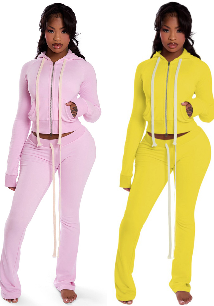 Women Zippered Hooded Top and Pant Two-Piece Set