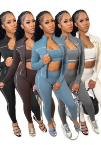 Women Zippered Thumb-Sleeve Long-Sleeved Top and Pants Three-Piece Set