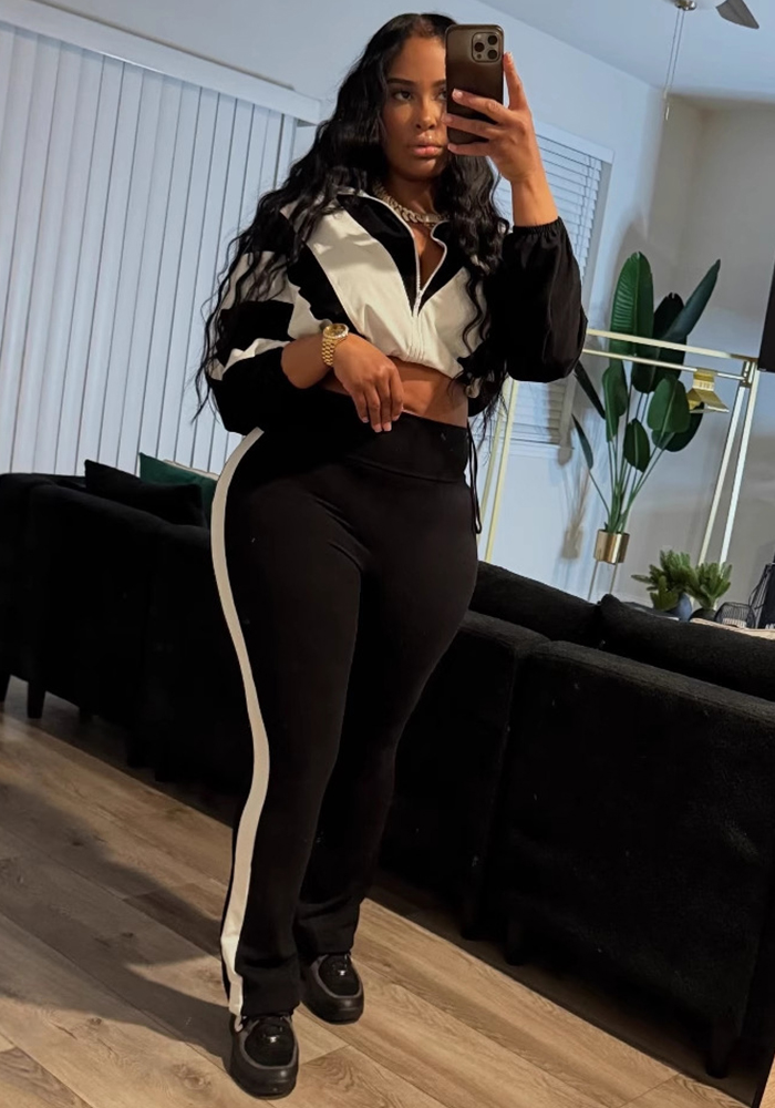 Women Zippered Turndown Collar Patchwork Zipper Top and Two-Piece Pants