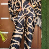 Women's Asymmetric Print Loose Bat Sleeves Pullover Top Wide-Leg Pants Set