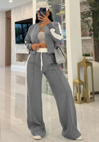 Women's Autumn Winter Casual Long Sleeve Top Wide-Leg Pants Set