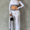 Women's Autumn Winter Fashion Long Sleeve Sexy Crop Top High Waist Loose Casual Straight Wide-Leg Pants Set