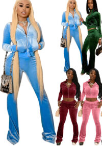 Women's Autumn Winter Velvet Zipper Pocket Two Piece Tracksuit