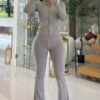 Women's Casual Gray High Stretch Hooded Zipper Top Slim Fit Trousers Sports Suit
