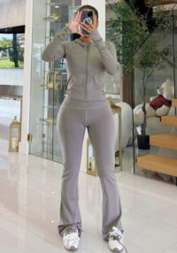Women's Casual Gray High Stretch Hooded Zipper Top Slim Fit Trousers Sports Suit