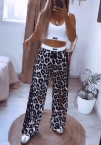 Women's Casual Sleeveless Solid Top Leopard Print Pants Two-Piece Set
