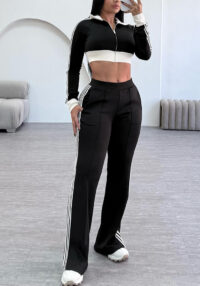 Women's Color-Blocked Casual Zip-Up Long Sleeve Top & Side-Stripe Sporty Pants Autumn/Winter Set