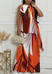 Women's Elegant Halter-Neck Sleeveless Irregular Top with Loose Trousers Two Piece Set