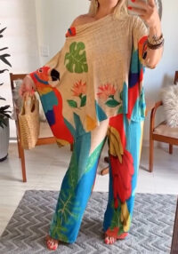 Women's Fashion Animal & Floral Print Bat Sleeves Loose Top Wide-Leg Pants Set