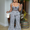 Women's Fashion Black/White Print Strap Top High-Waist Bell Bottom Pants Two-Piece Set