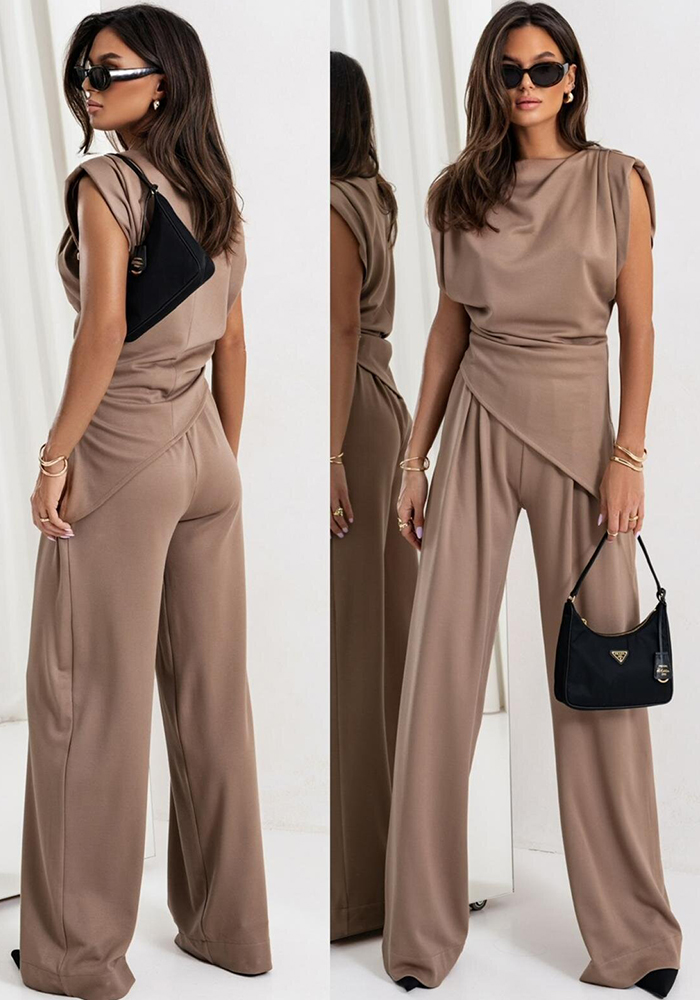 Women's Fashion Casual Solid Color Irregular Short Sleeve Loose Pants Set