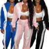 Women's Fashion Color-Blocking Zipper Cardigan Wide-Leg Drawstring Sport Pants Two-Piece Set
