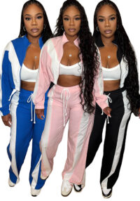 Women's Fashion Color-Blocking Zipper Cardigan Wide-Leg Drawstring Sport Pants Two-Piece Set
