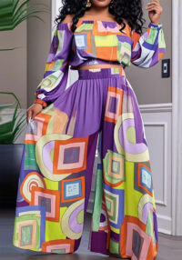 Women's Fashion Elegant Off Shoulder Long Sleeve Top Loose Wide Leg Pants Casual Set
