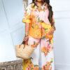 Women's Fashion Floral Print Slim Waist Wide Leg Two-Piece Pants Set