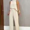 Women's Fashion Loose Sleeveless Top & Solid Color Wide-Leg Casual Pants Set