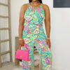 Women's Fashion Print Halter Neck Vest High-Waist Pants Two-Piece Set