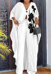 Women's Fashion Printed V-Neck Loose Long Sleeve Blouse Wide-Leg Pants Set