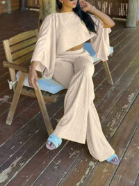 Women's Fashion Sexy Beach Holidays Solid Slash Shoulder Irregular Top with Elastic Waist Pockets Long Pants Set