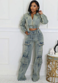 Women's Fashion Sexy Multi-Pocket Washed Denim Casual Top Pants Two-Piece Set