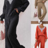 Women's Knitted V-Neck Loose Top & Solid Wide Leg Straight Pants Sweater Two-Piece Set
