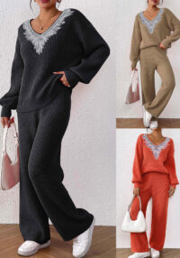 Women's Knitted V-Neck Loose Top & Solid Wide Leg Straight Pants Sweater Two-Piece Set