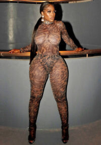 Women's Leopard Print Mesh High Neck Long Sleeve Fingerless Glove Bodysuit Tight Fitting Leggings Set