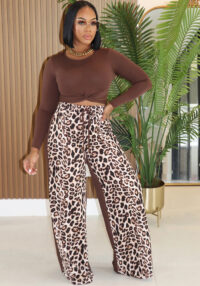 Women's Leopard Print Top Fashion Wide-Leg Long Pants Two-Piece Set