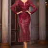 Women's Long Sleeve V-Neck Formal Party Dress Sequin Evening Gown
