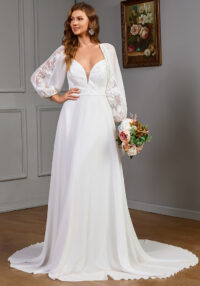 Women's Long-Sleeved V-Neck Lace Patchwork Wedding Dress
