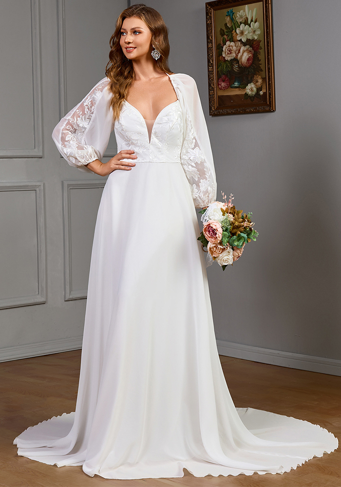 Women's Long-Sleeved V-Neck Lace Patchwork Wedding Dress