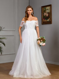 Women's Mesh Off Shoulder Short-Sleeved Bridal Wedding Dress